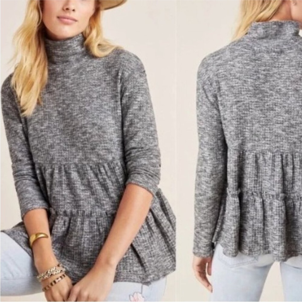 Anthropologie Eri + Ali Bronte Grey Waffle Knit Babydoll Top Sz S